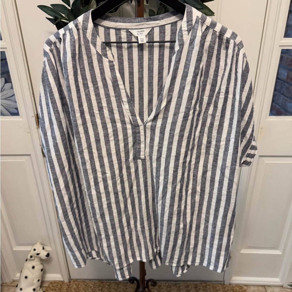 Crown & Ivy Vertical Stripe Linen Lagenlook Top Blouse SS XXL